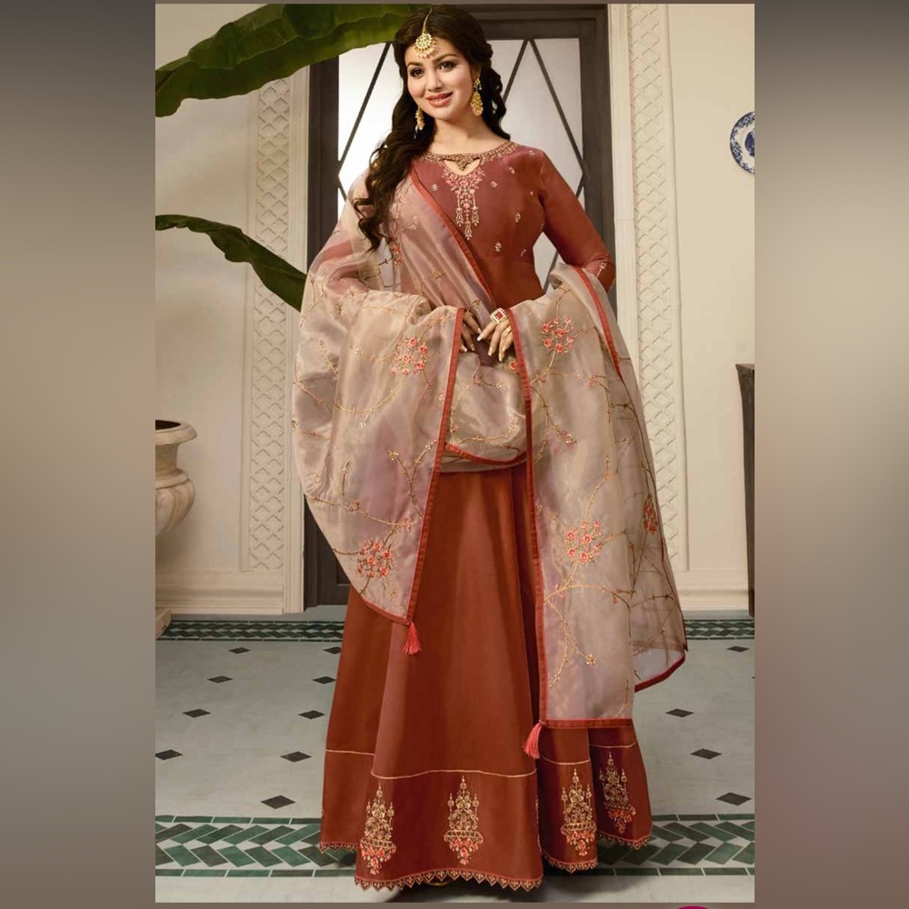 Cinnamon Brown/Dusty Orange Silk Embroidered Anarkali Suit NWT